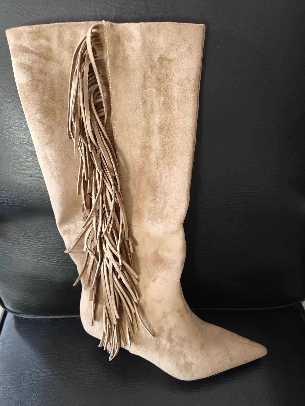 Fringe Faux Suede Knee-High Women’s Boots - Tan NWOB